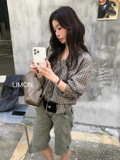 【L11016】檸檬2026早秋韓系少女復古格紋綁帶V領長袖襯衫260728