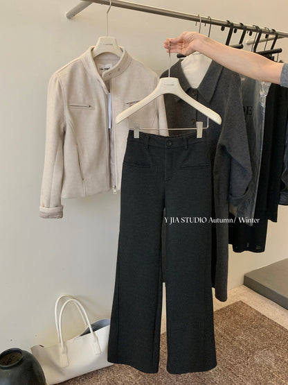 【LY9588】實拍Y.JIA 簡約毛呢加絨加厚微喇休閒褲251208