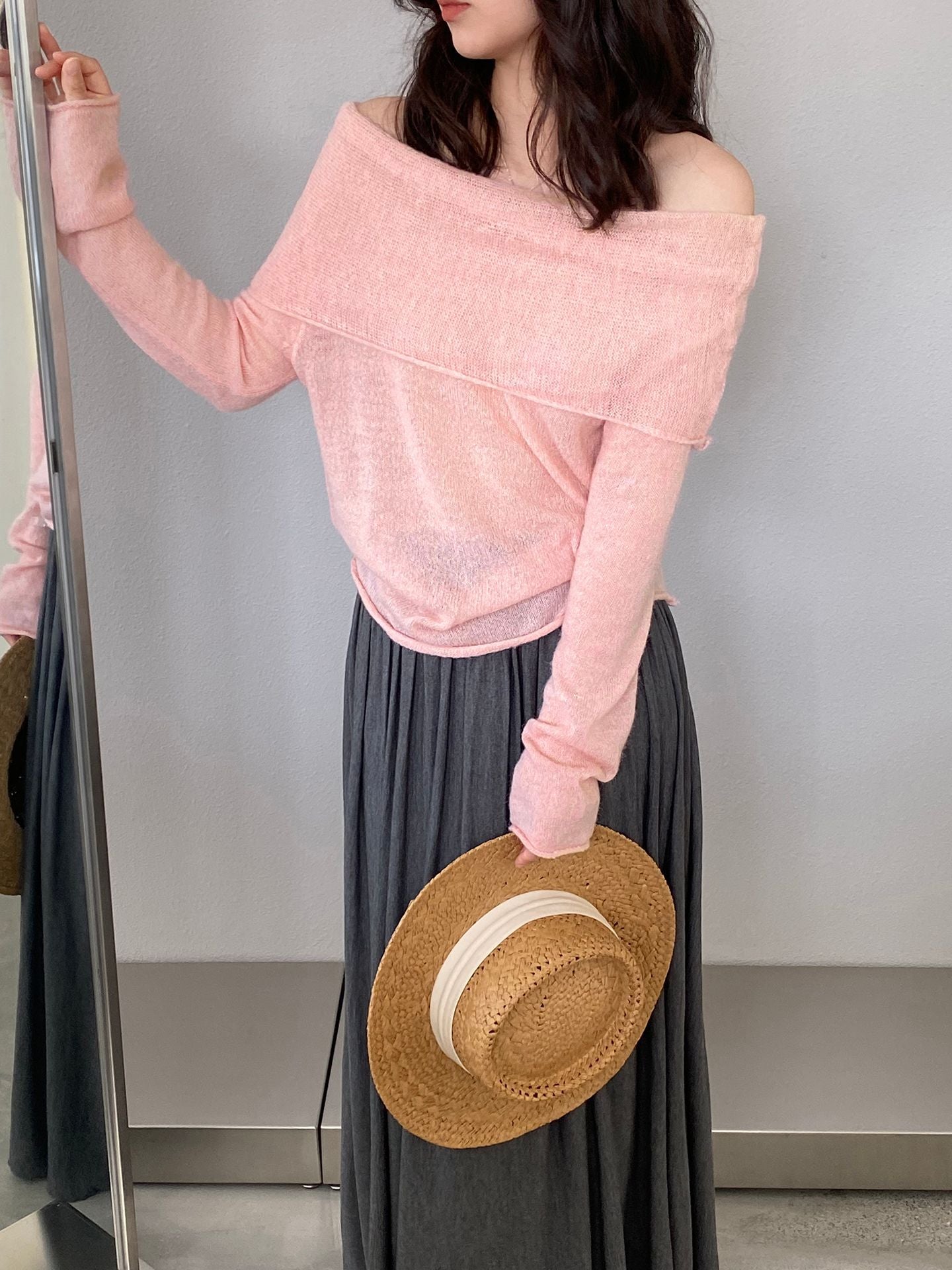 【cimzF632】微性感慵懶風💜羊毛10%一字肩顯瘦露肩長袖針織衫260319