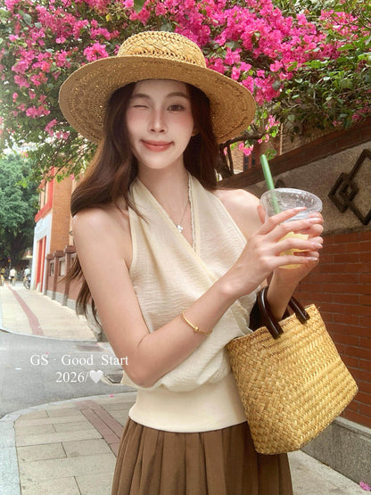 【LN5102E】Y2K時髦辣妹🔥性感蕾絲花邊交叉繞頸無袖上衣260518
