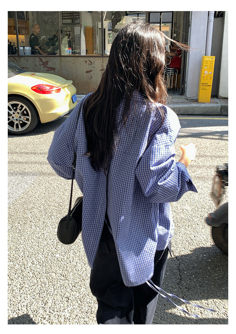 【H5401】實拍後背開叉藍色格子長袖襯衫250902