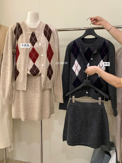 【L6880】實拍檸檬秋冬菱格針織開衫+圓領背心+針織裙251117