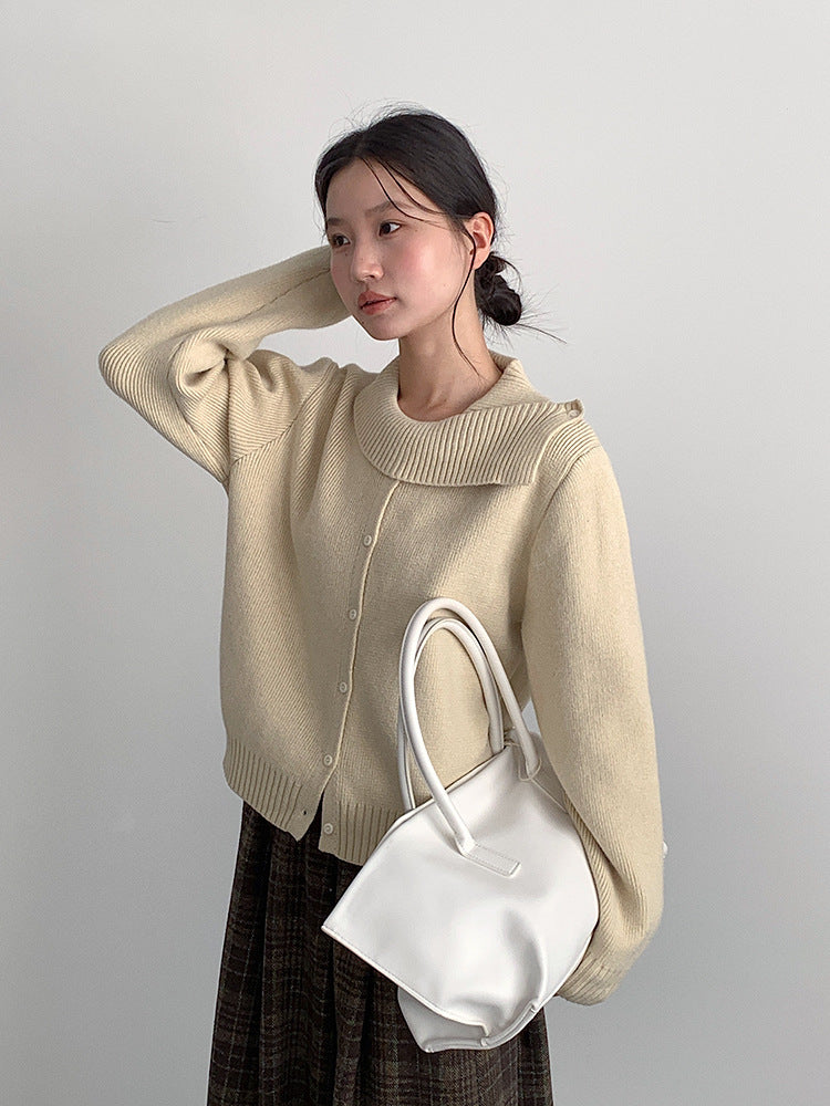 【LD11002】實拍秋冬法式設計感斜領針織毛衣外套251110