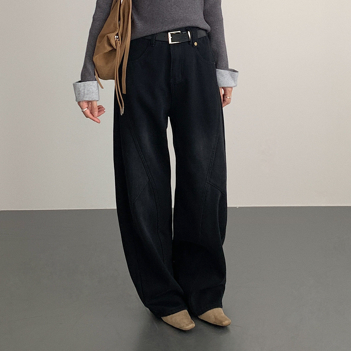 【LD11023】實拍S~XL顯瘦加絨加厚高腰寬鬆彎刀牛仔褲＋腰帶251124