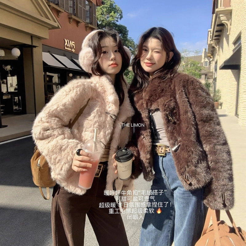 【L1230】實拍檸檬冬季加厚保暖立領牛角扣仿皮草外套251117