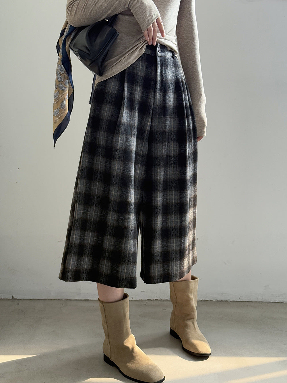 【YG8095】實拍日系復古呢料格紋直筒七分闊腿褲251016