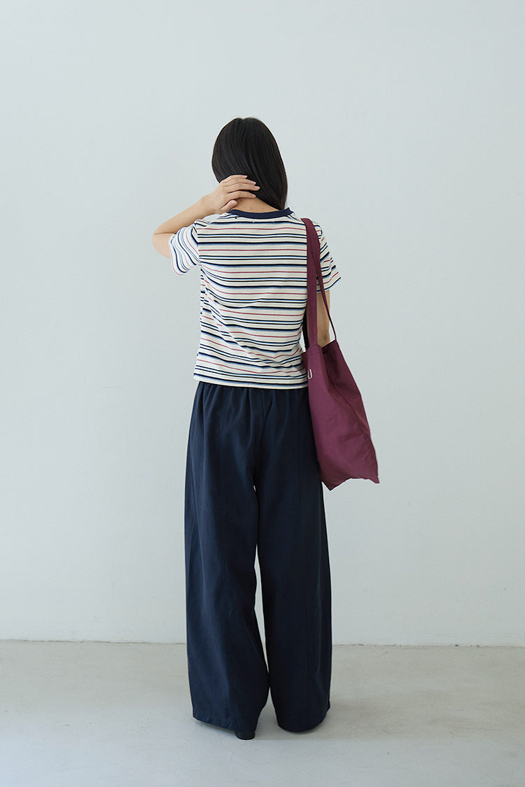 【LD11184】夏日清新海鹽藍🌊時髦百搭正肩顯瘦條紋圓領短袖T恤260324