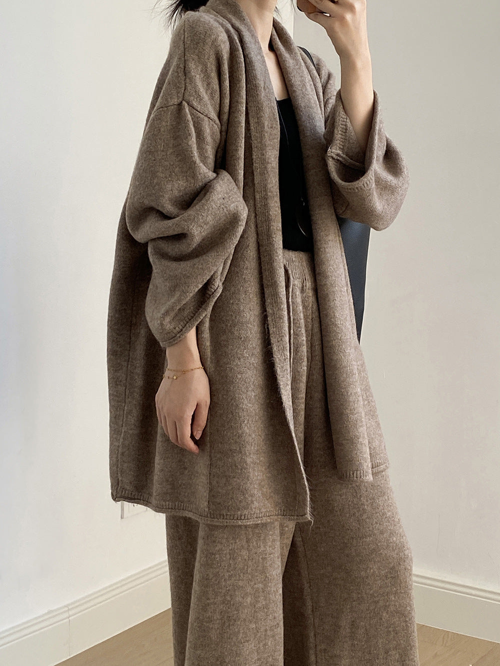 【YP1018】 實拍秋冬高級感慵懶針織開衫＋繫帶＋高腰針織闊腿褲 套裝251023