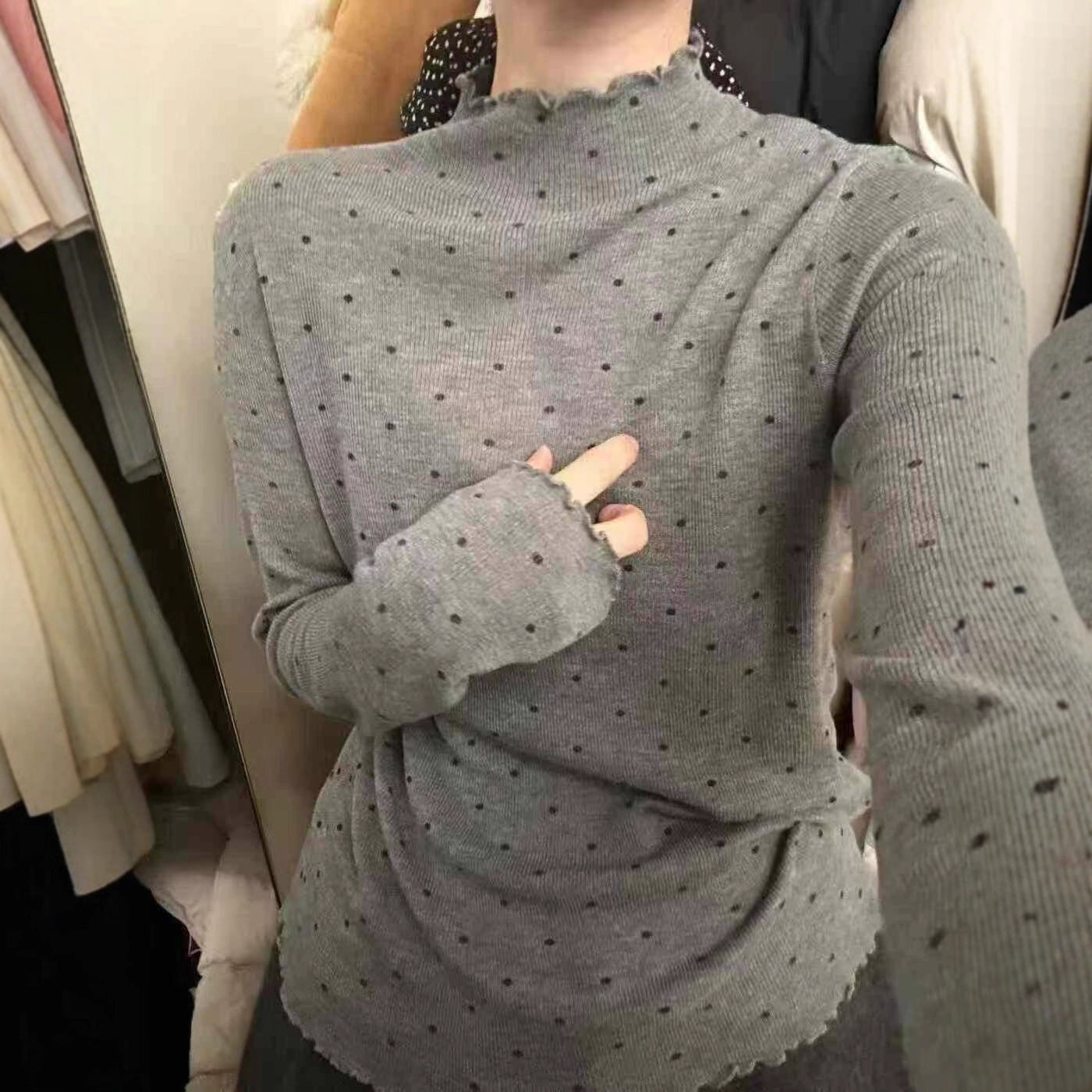 【L20585】實拍簡約點點木耳邊半高領打底衫251215