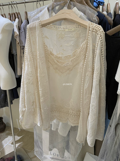 【L8661】實拍檸檬夏秋高級感刺繡防曬衫+吊帶背心套裝250915