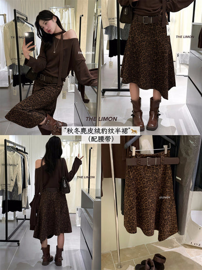 【L1175】實拍檸檬秋季時髦麂皮絨復古不規則豹紋裙＋腰帶250915