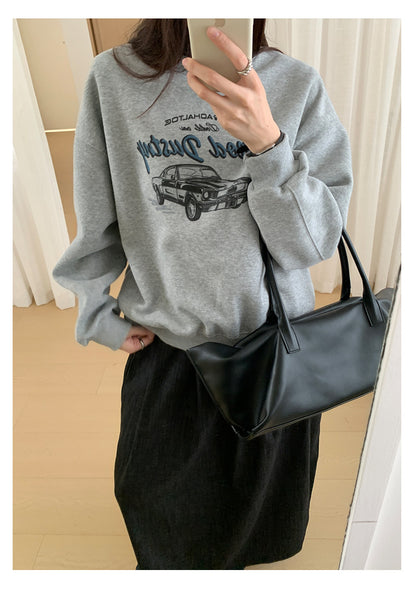 【H573】實拍美式汽車印花寬鬆圓領衛衣251021
