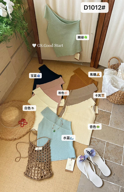 【LD1012】Y2K時髦辣妹🔥純慾風彈力修身斜肩針織背心260323