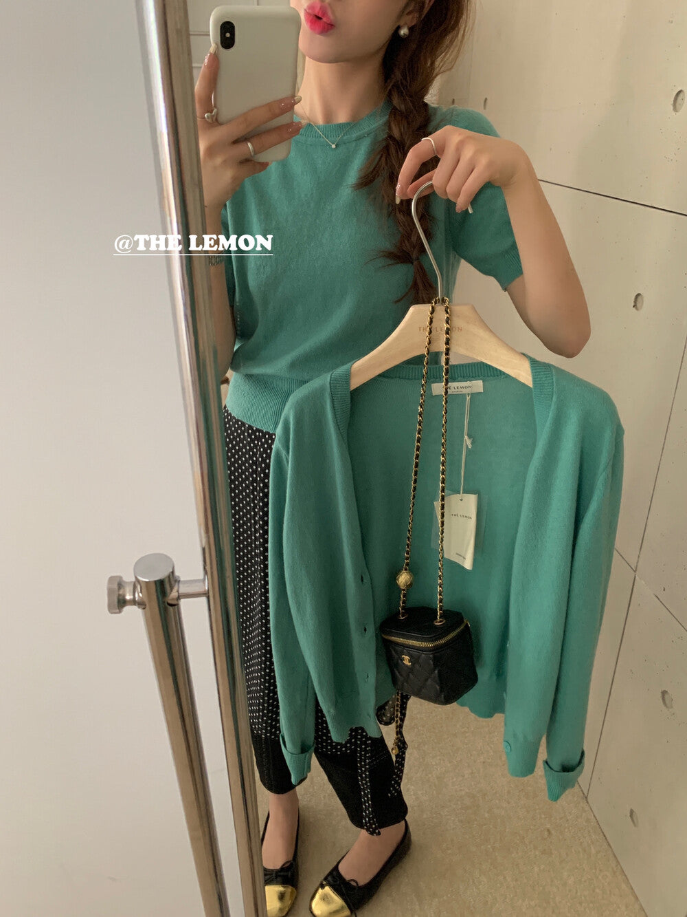 【L99603】檸檬綠茶純色圓領短袖+簡約針織開衫顯瘦兩件套裝240304