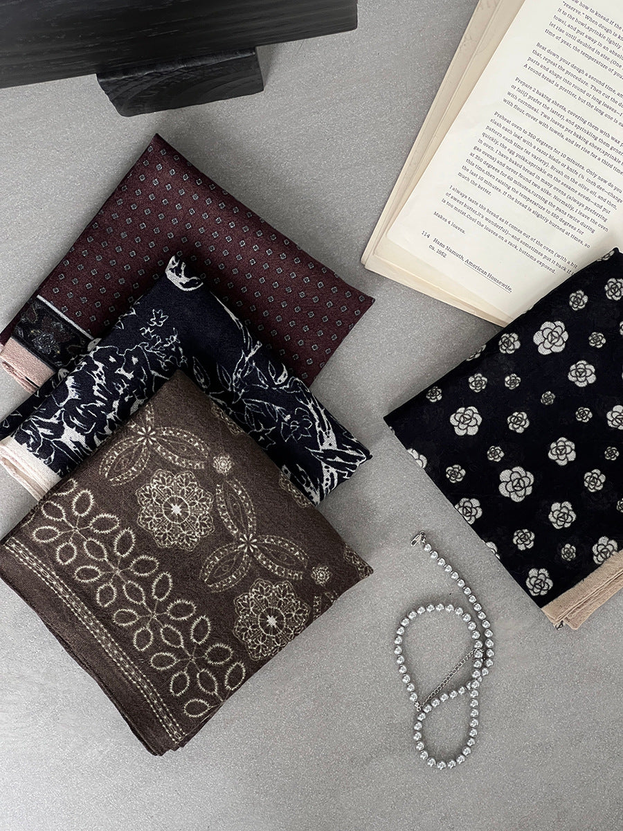 【cim865】實拍黑標100綿羊毛復古山茶花小方巾法式頭巾圍巾 251030