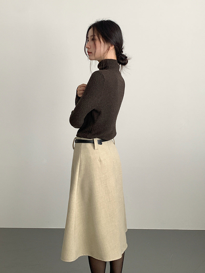 【LD11070】實拍氣質毛呢A字傘裙＋腰帶251209