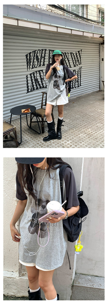 【H5365】實拍夏天韓版墨鏡小狗寬鬆長版棉質T恤250708