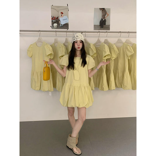 【L92807】實拍春夏甜美花苞裙短袖連衣裙＋小包包250505