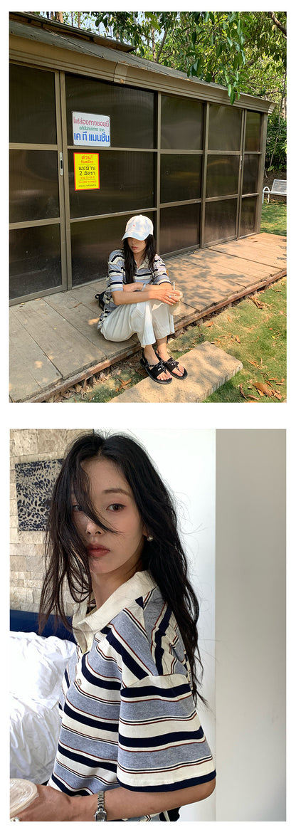 【H5169】實拍夏天復古條紋polo領寬鬆T恤250407