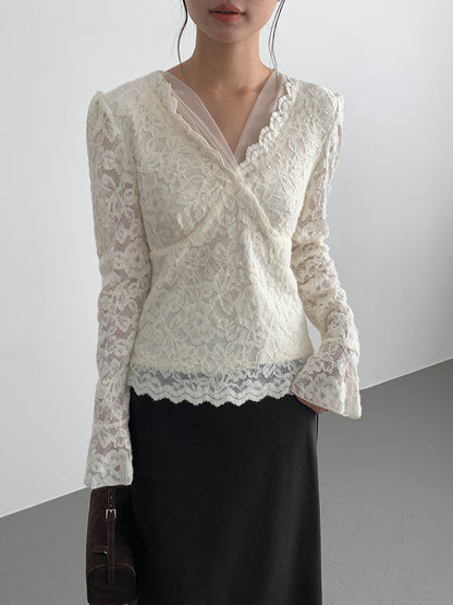 【LD3295】實拍法式喇叭袖加絨蕾絲衫251103