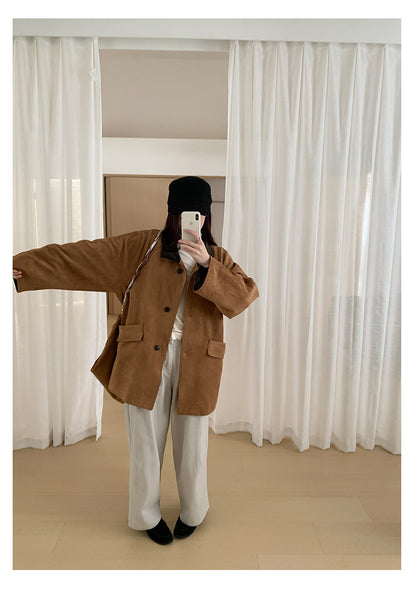 【H569】實拍復古個性皮革拼麂皮絨大衣外套＋麂皮肩背包251021