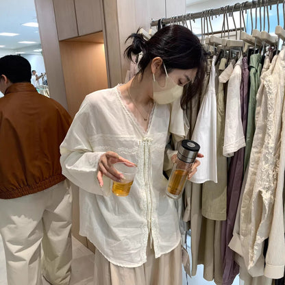 【L80322】Hers法式溫柔度假風🌸百搭顯瘦綁帶V領長袖襯衫260323