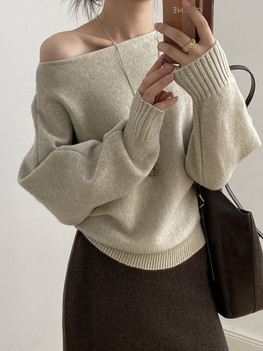 【YP2081】 實拍一字領斜肩慵懶針織毛衣251023