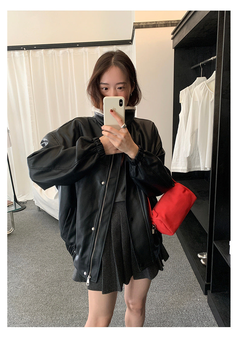 【H5485】實拍高級感毛領PU皮衣夾棉加厚外套251109