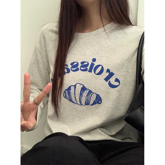 【H550】實拍韓系牛角印花長袖棉質T恤251007
