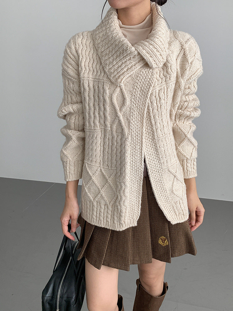 【LD3297】實拍復古立體厚實絞花大翻領毛衣外套251103