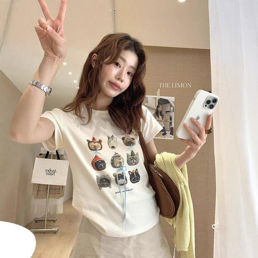 【L10373】實拍檸檬家可愛🐶蝴蝶結小狗印花修身正肩短袖T恤260330