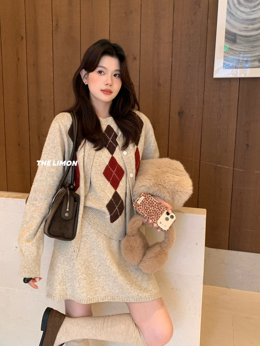 【L6880】實拍檸檬秋冬菱格針織開衫+圓領背心+針織裙251117