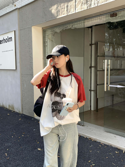 【H5365】實拍夏天韓版墨鏡小狗寬鬆長版棉質T恤250708