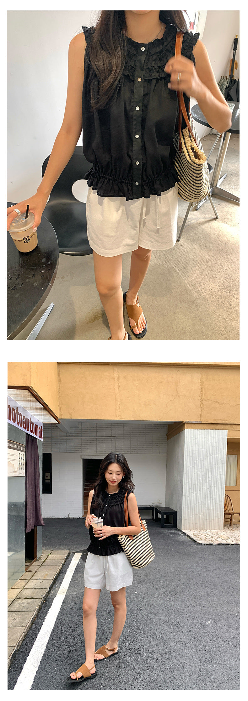 【H525】實拍夏天韓國氣質小荷葉無袖襯衫250513
