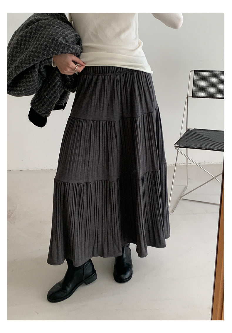 【H5476】實拍秋冬質感簡約細摺鬆緊腰a字傘裙251109