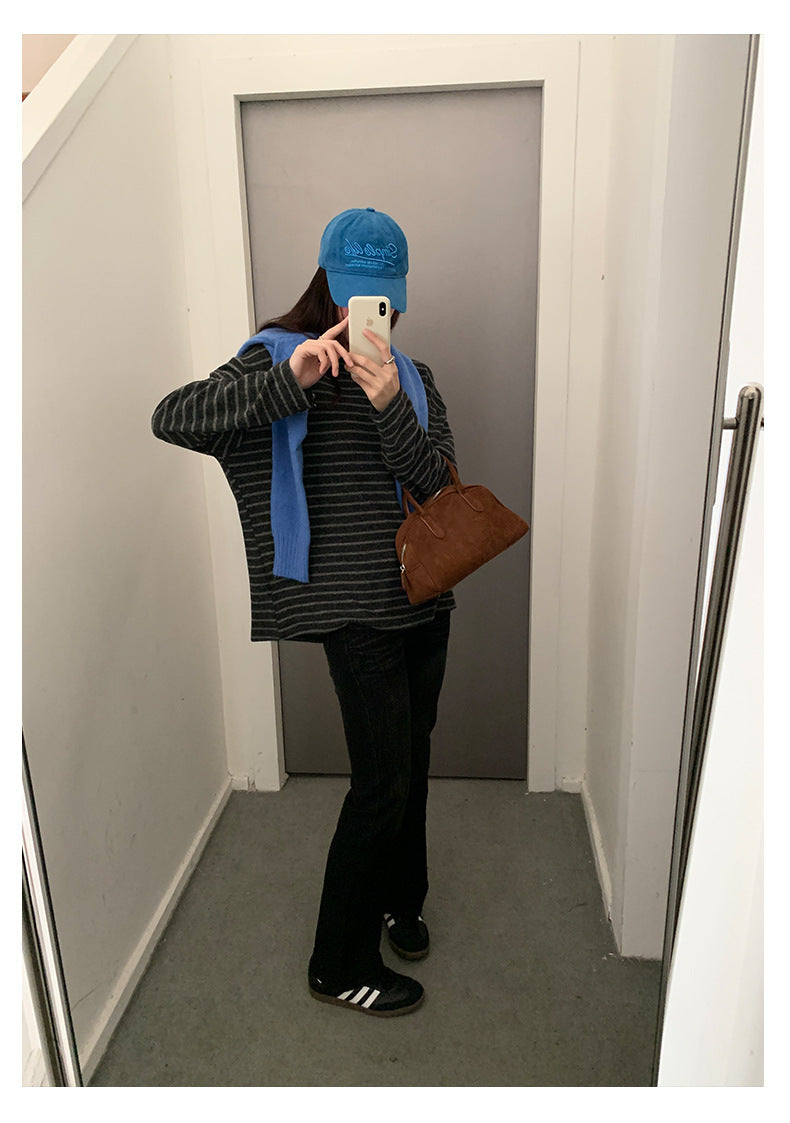 【H572】實拍復古磨毛刺繡條紋圓領T恤251021