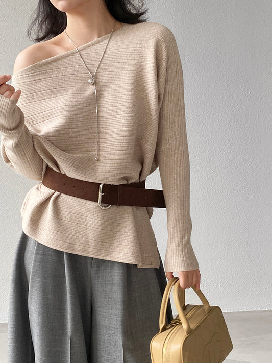 【cim9033】實拍韓系高級感長袖斜肩針織衫＋腰帶251030