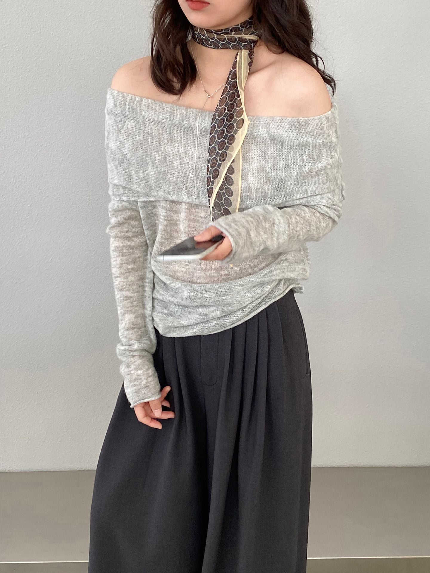 【cimzF632】微性感慵懶風💜羊毛10%一字肩顯瘦露肩長袖針織衫260319