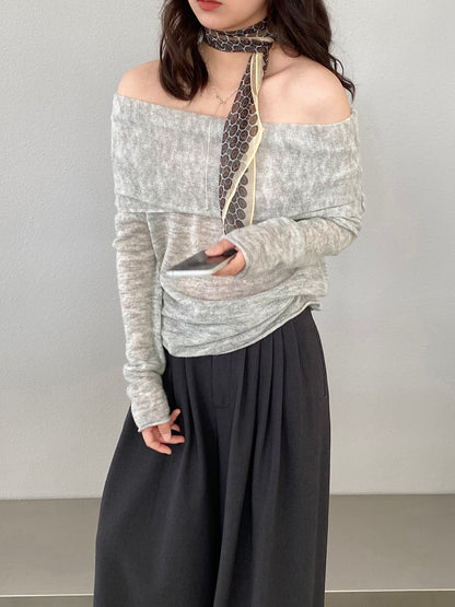 【cimzF632】微性感慵懶風💜羊毛10%一字肩顯瘦露肩長袖針織衫260319