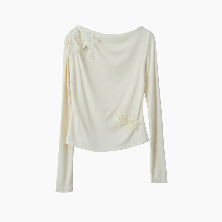 【LD3277】實拍立體花朵長袖一字領T恤251103