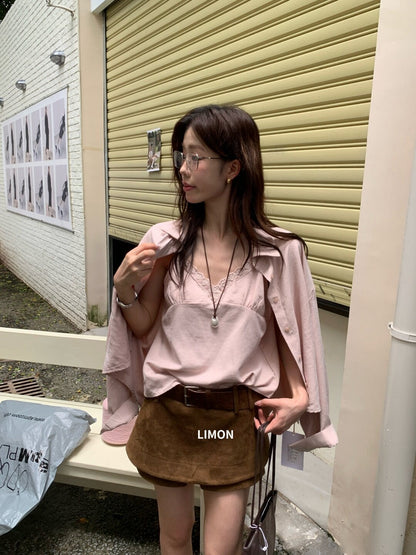 【L11322】檸檬家绿法式慵懶・蕾絲細肩帶＋寬鬆長袖天絲襯衫260921
