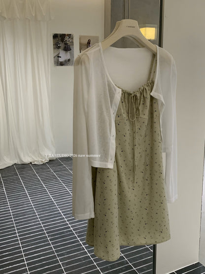 【L1302】Y.JIA夏日小清新🍃日韓系綠色碎花細肩帶連身裙+防曬罩衫兩件套260706