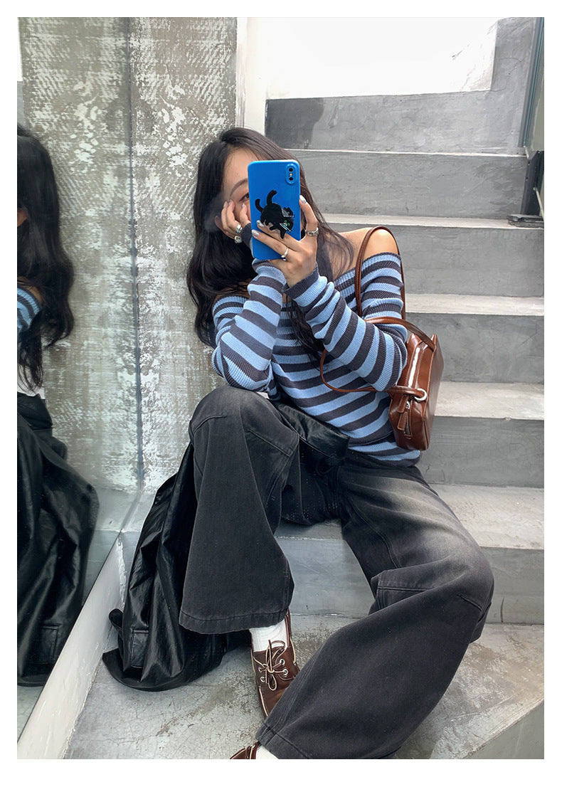 【H5402】實拍復古做舊洗水黑灰色廓形牛仔褲250902