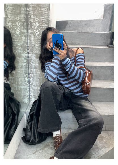 【H5402】實拍復古做舊洗水黑灰色廓形牛仔褲250902