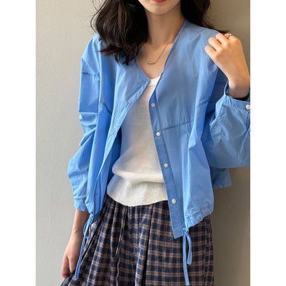 【YH9808】 實拍夏季韓系清新休閒｜錦棉圓領薄款短版防曬襯衫250424