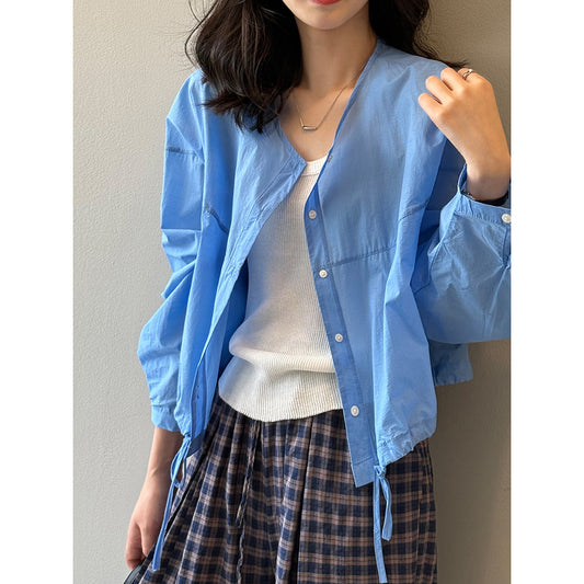 【YH9808】 實拍夏季韓系清新休閒｜錦棉圓領薄款短版防曬襯衫250424