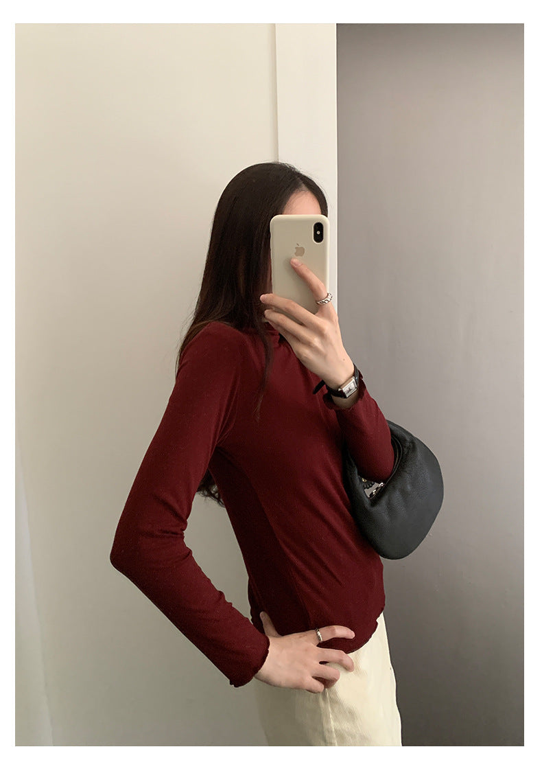 【H568】實拍基礎款木耳邊半高領純色打底衫251021