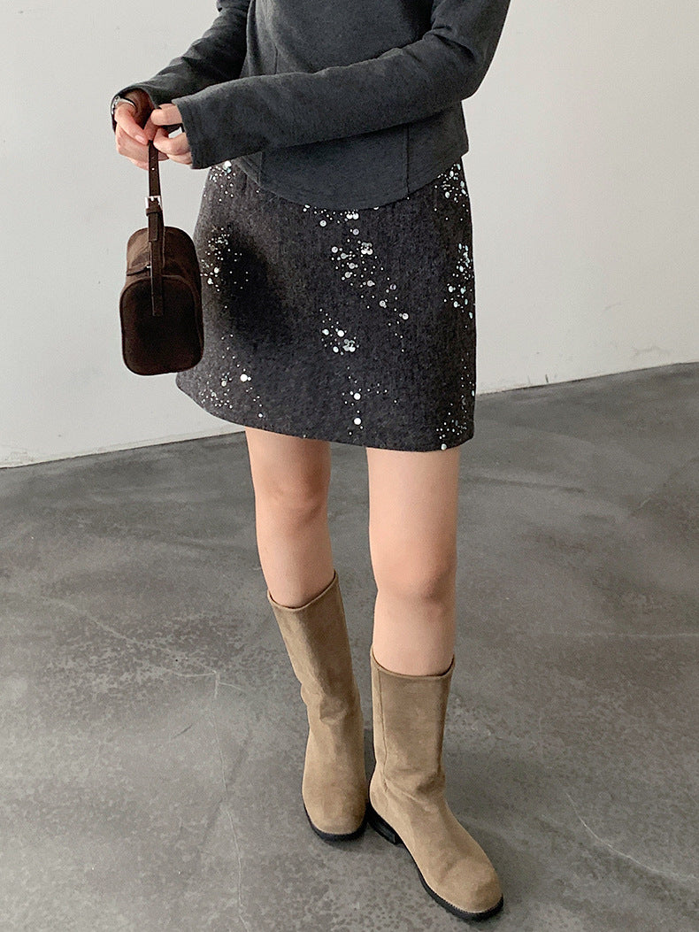 【LD11045】實拍S~XL法式重工時髦毛呢亮片短裙251202