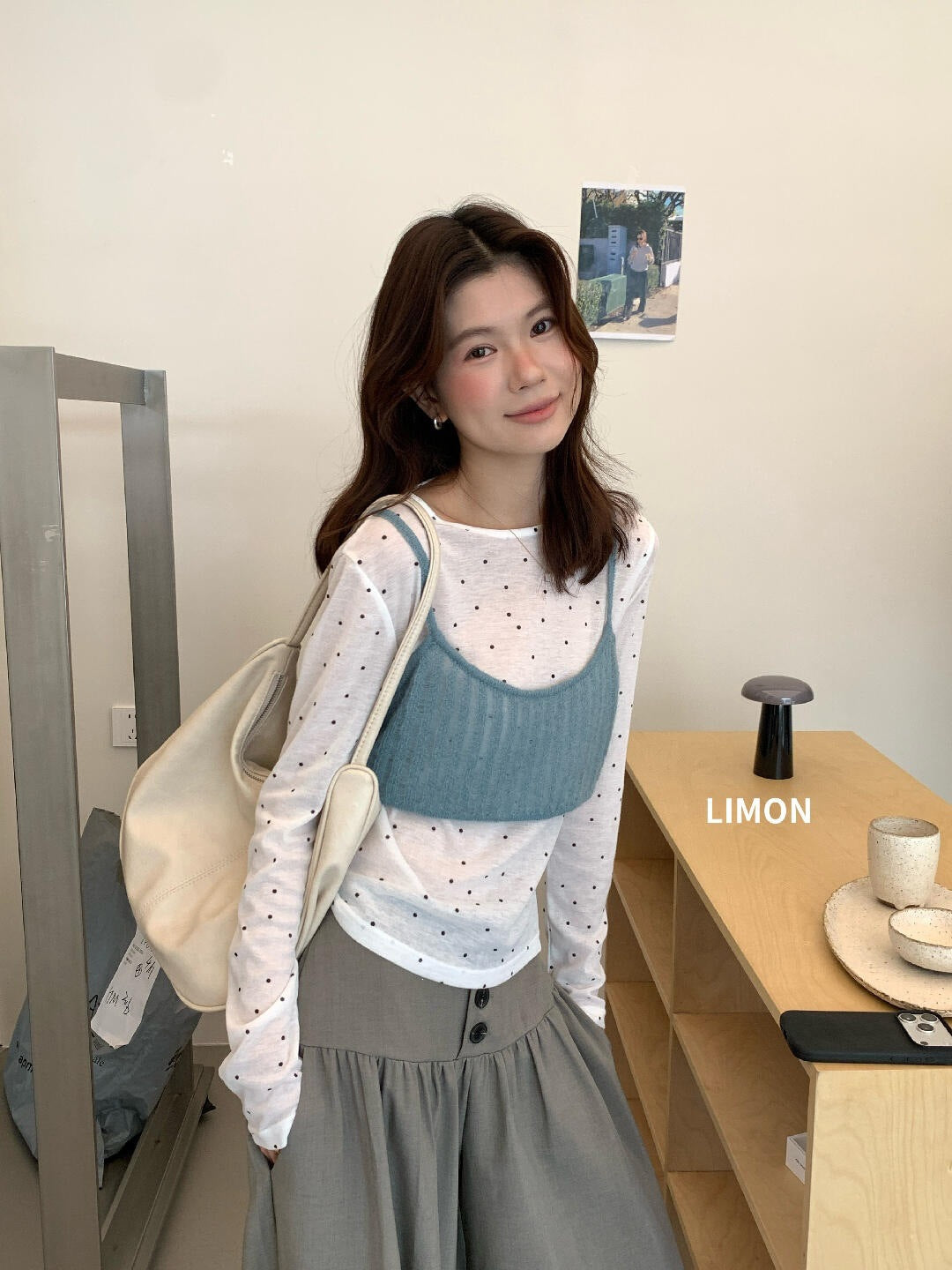 【L11136】檸檬家時髦層次・點點圓領長袖T恤+疊穿背心套裝260831