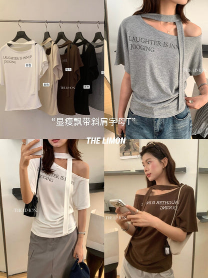 【L10723】韓系簡約休閒感☁️字母印花薄款寬鬆露肩綁帶短袖T恤260602